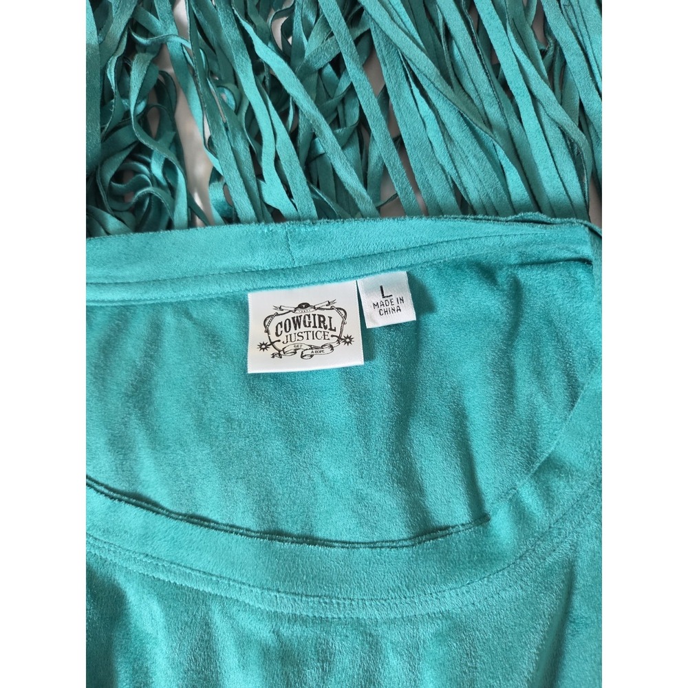 New COWGIRL JUSTICE Western Cowgirl Teal Faux Suede Poncho Long Fringe Large - Picture 3 of 6